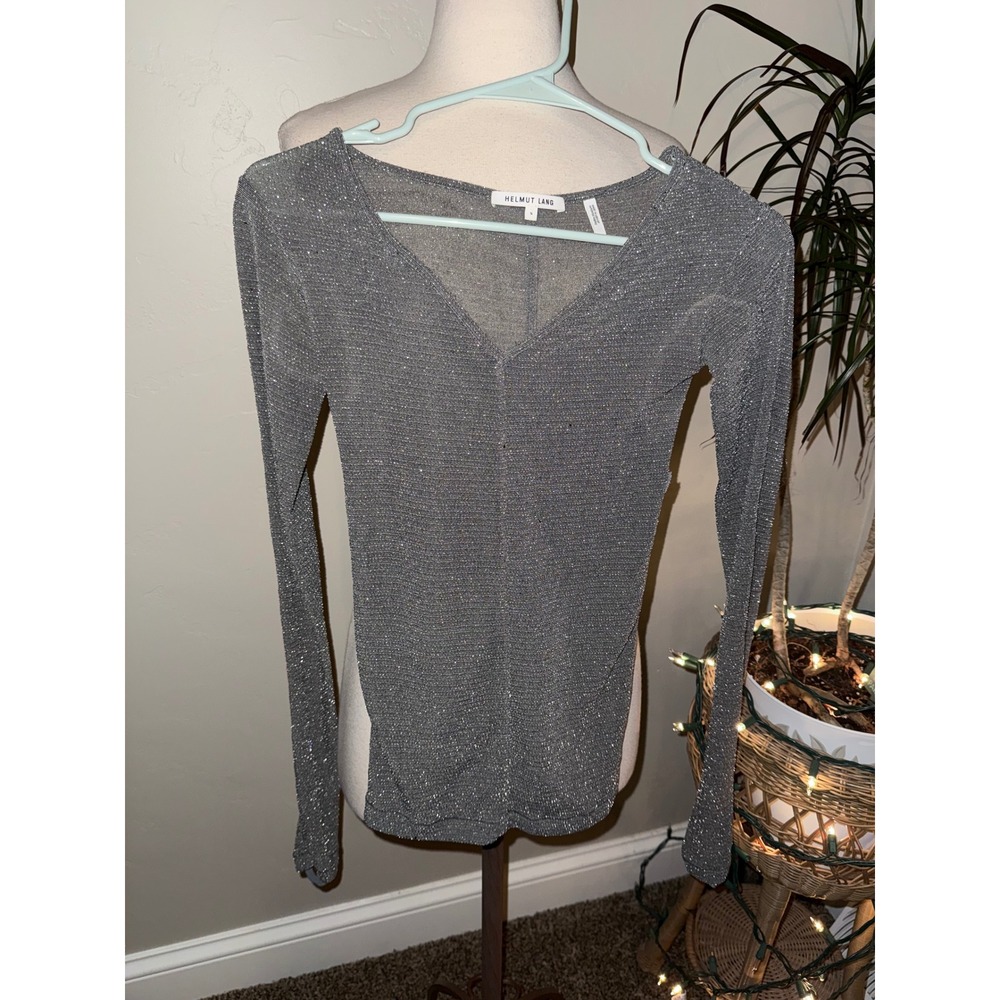 HELMUT‎ LANG Women's Silver Sparkle Knit Long Sleeve V Neck Top Size S